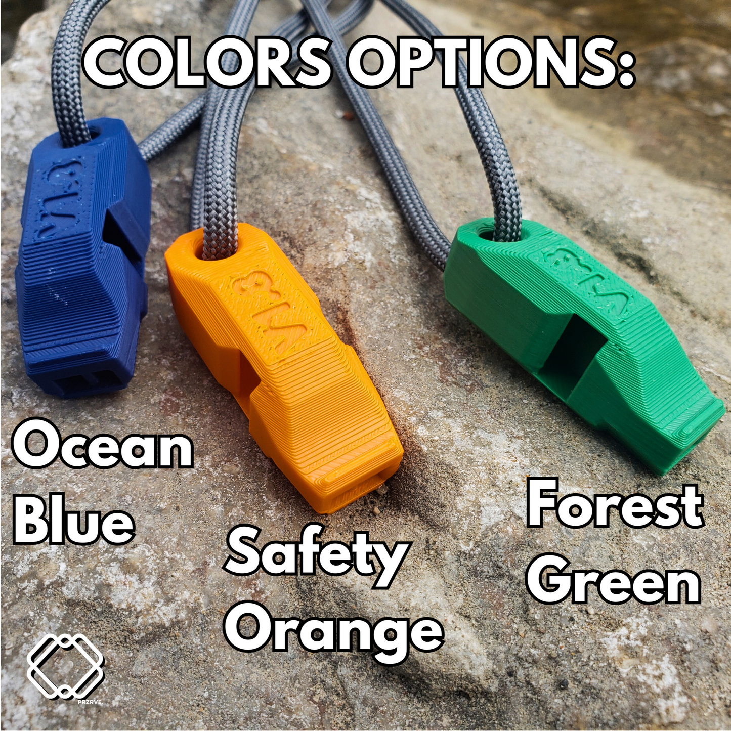 Three whistles in blue, orange, and green on a stone surface with color options labeled.