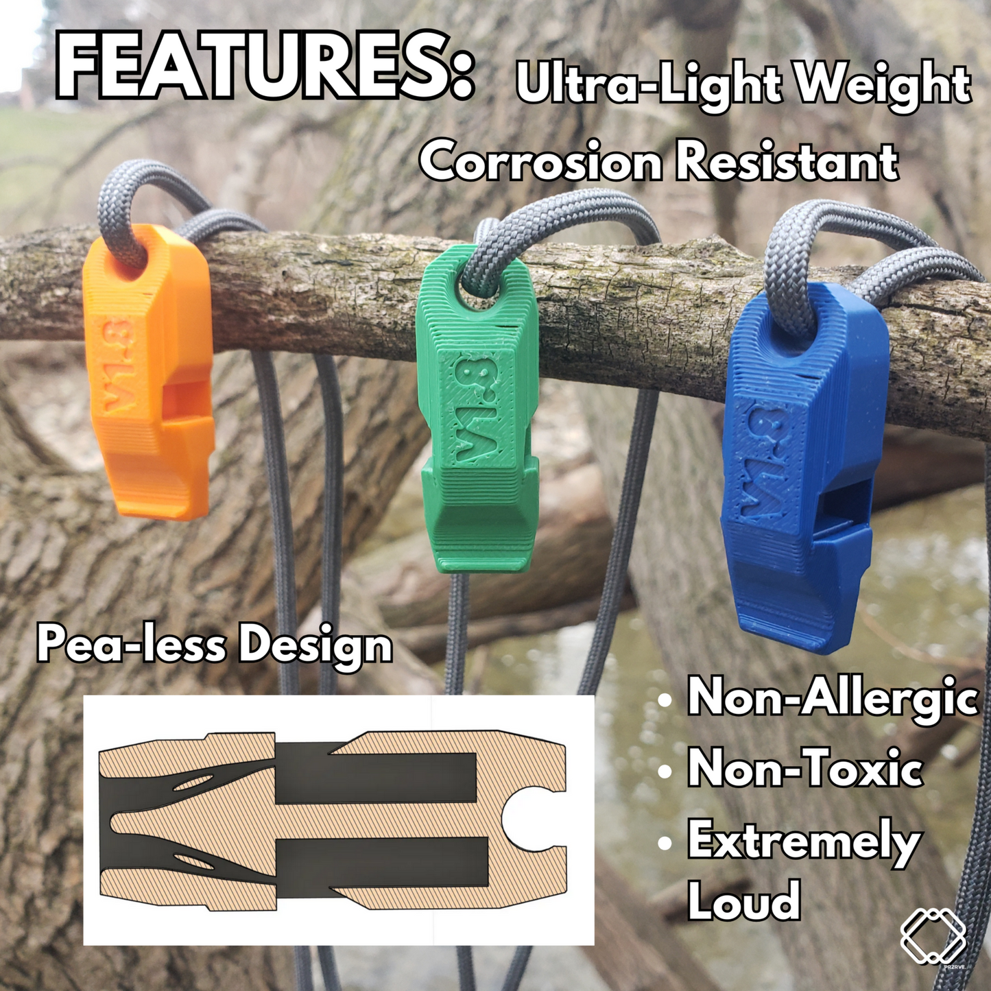 Three whistles in orange, green, and blue hanging on a branch with features listed above.