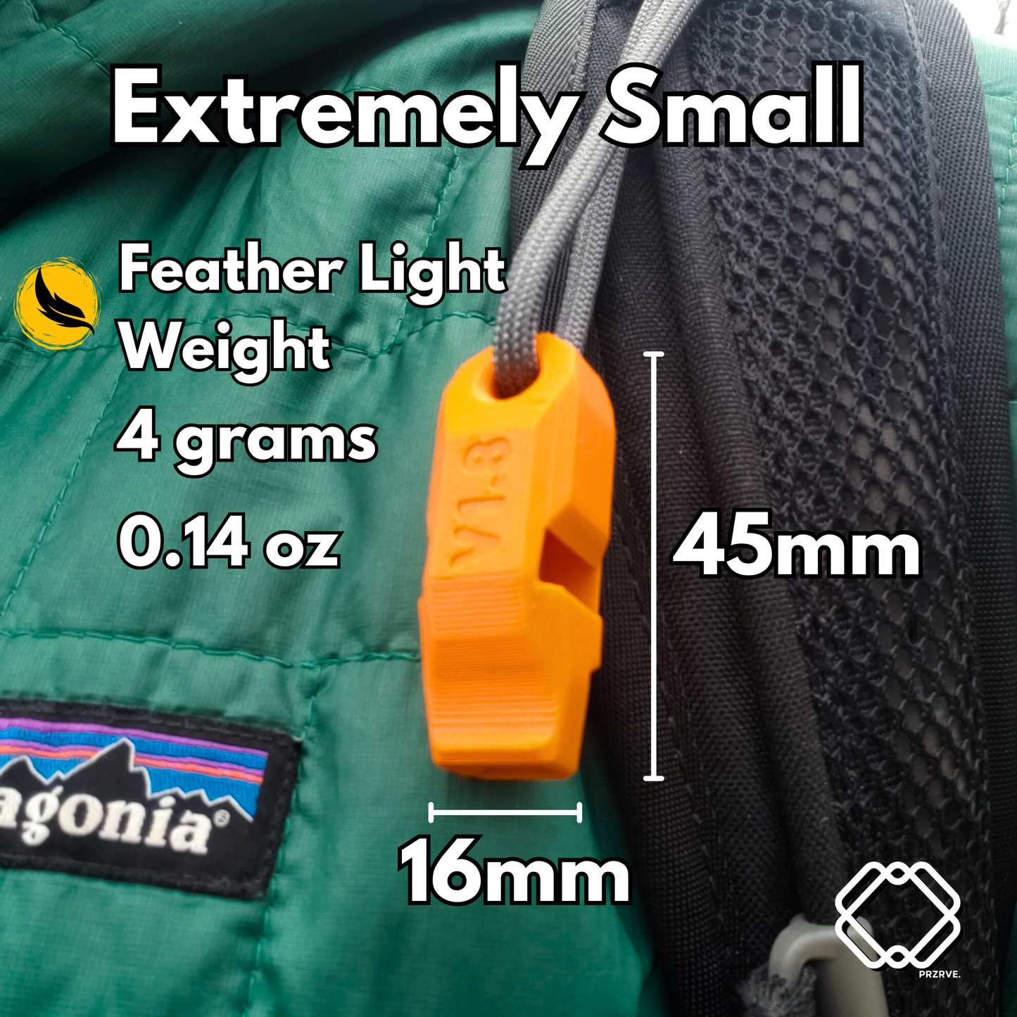 Orange whistle on a green jacket with text indicating its small size, feather light weight, and dimensions.