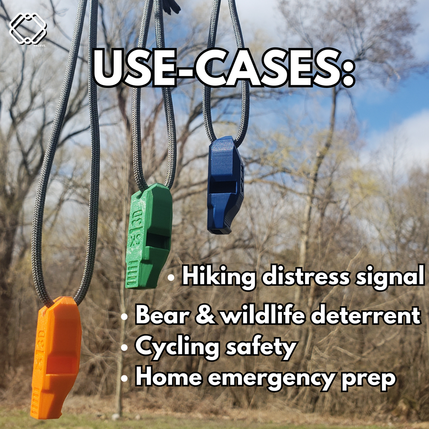 Three colorful whistles hanging outdoors with a list of use cases.