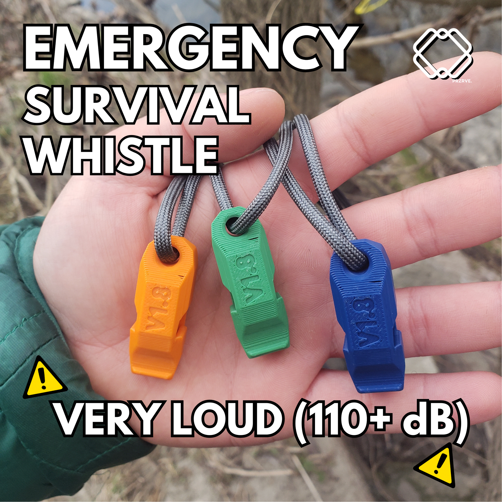 Three emergency survival whistles in orange, green, and blue held in a hand with text indicating they are very loud.