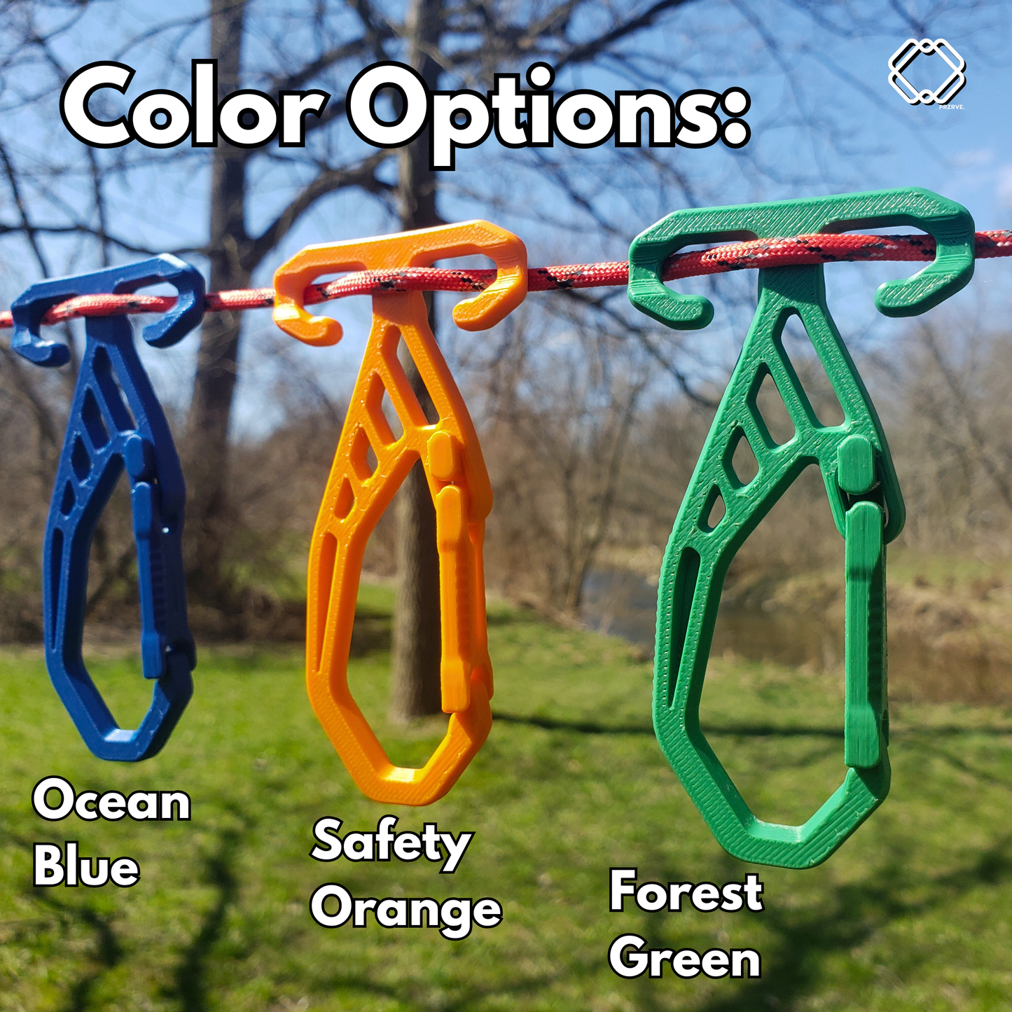 Three colorful carabiners hanging on a rope with color options labeled: Ocean Blue, Safety Orange, and Forest Green.