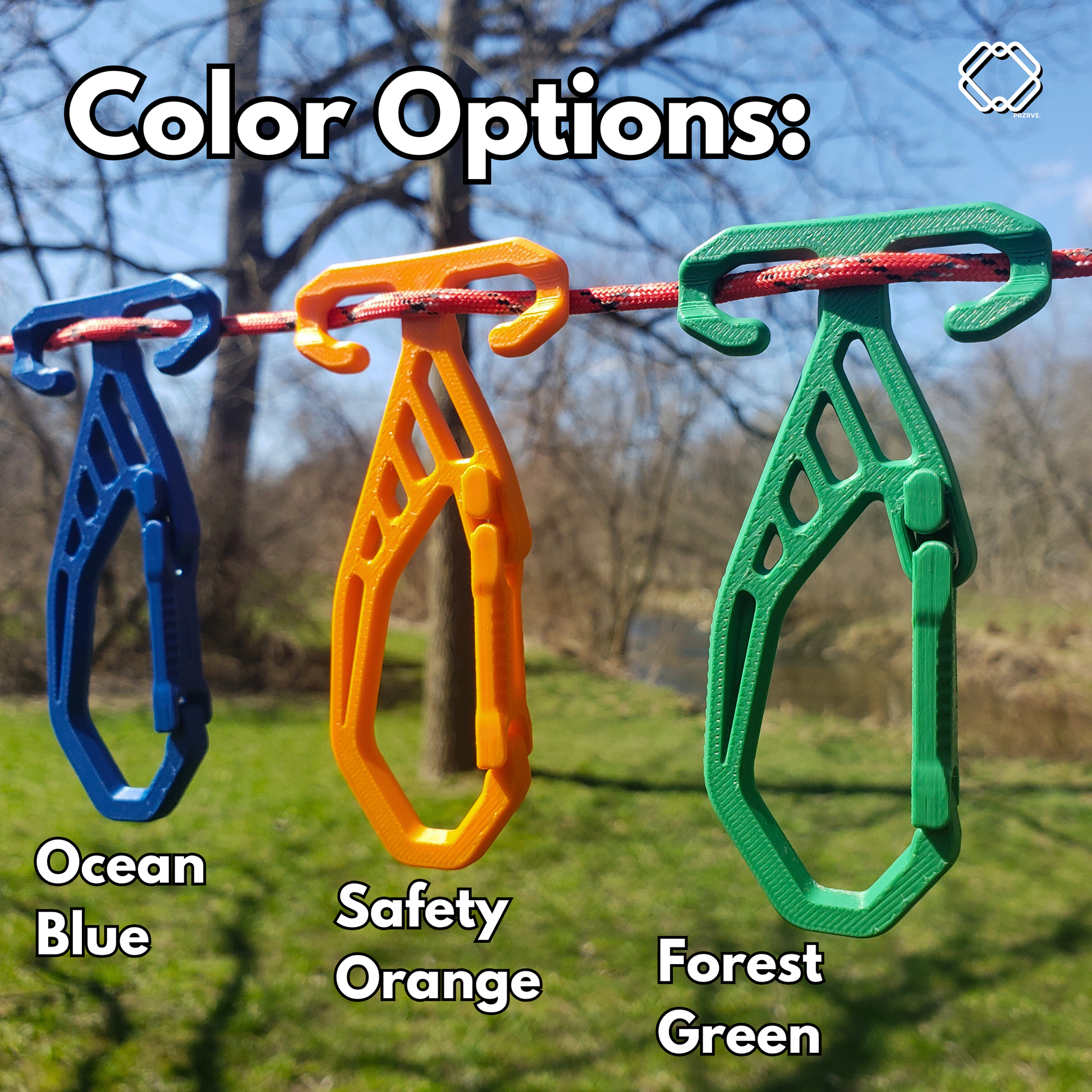 Three colorful carabiners hanging on a rope with color options labeled: Ocean Blue, Safety Orange, and Forest Green.