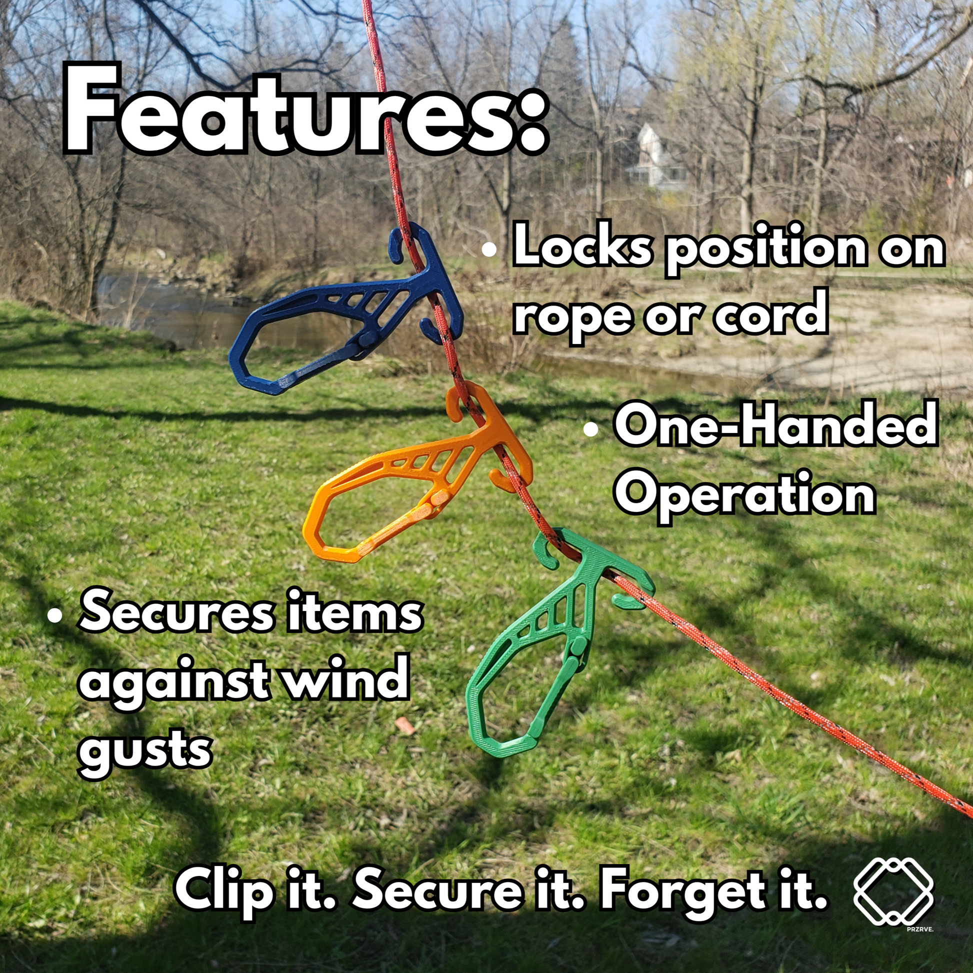 Three colorful clamps on a rope with text describing features, set against a natural background.