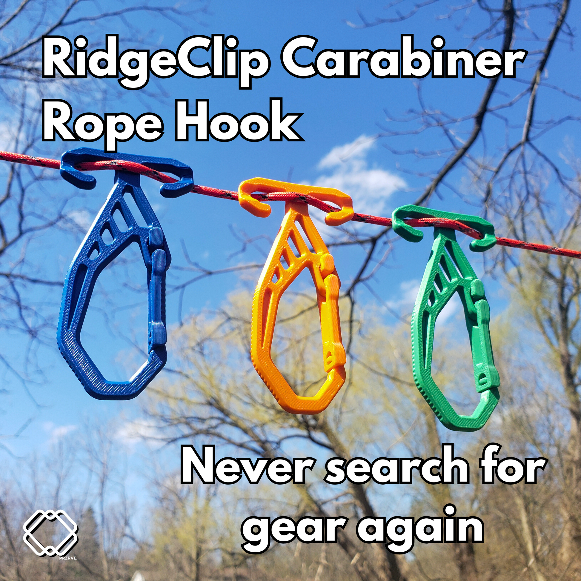 Three RidgeClip Carabiner Rope Hooks in blue, orange, and green hanging on a rope with a natural background.