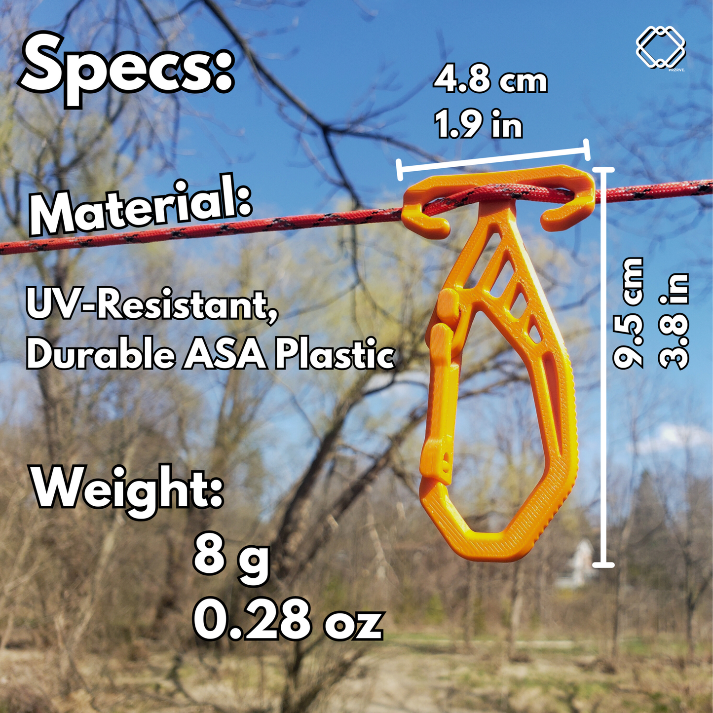 Orange plastic clip on a rope with measurements and specifications text overlay.